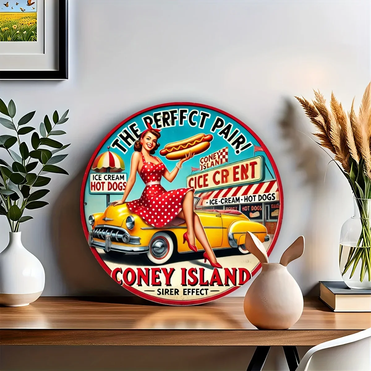 2D flat surface - 1 piece, retro Coney Island hot dog poster. 2D flat surface printing - wooden signboard, suitable for beaches