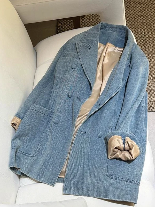 

plus Size 300 Pou Blue Suit Sle Denim Jaet Women's Autumn Winter Versatile Ele Korean Loose Fit Long Sve Coat