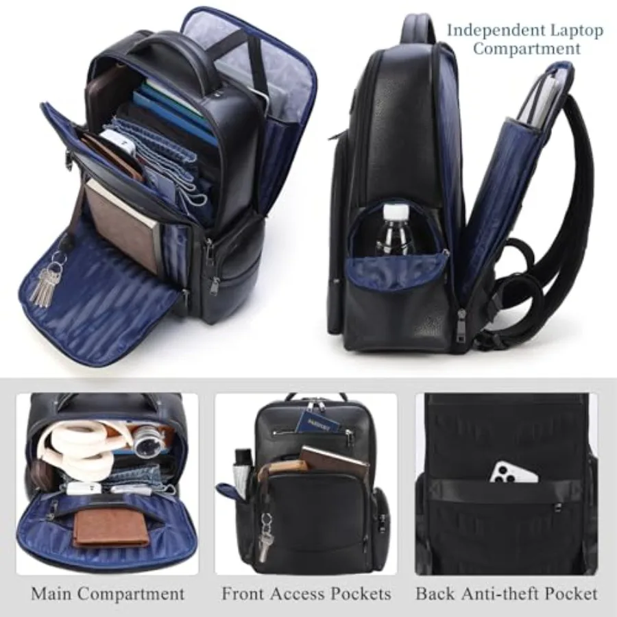 حقيبة ظهر للكمبيوتر المحمول للسفر من الجلد الأسود من Masa Kawa للرجال تناسب 15.6 بوصة 16 بوصة حقيبة كمبيوتر مكتبية للتنقل والتنقل التنفيذي وات