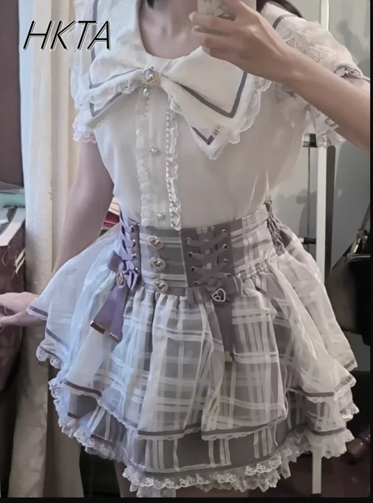 

Japanese Style Straps Bow Layered Fluffy Cake Skirts Women Summer Sweet and Cute Lolita High Waist A Line Mini Skirts for Ladies