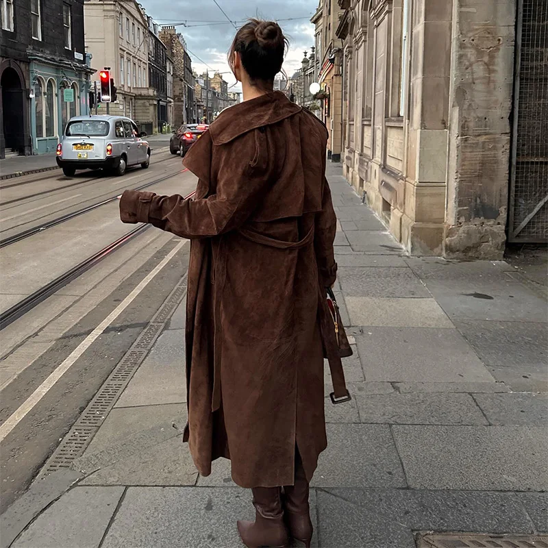 Fashion Brown Belt Long Suede Trench Coat Women Lapel Double Breast Full Sleeve Street Jacket 2026 Autumn New Lady Warm Outwear