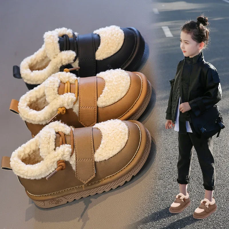 Autumn Winter Children Flats Shoes Solid Plush Warm Korean Style Girls Princess Casual Shoes Soft Bottom Furry Kids Cotton Shoes