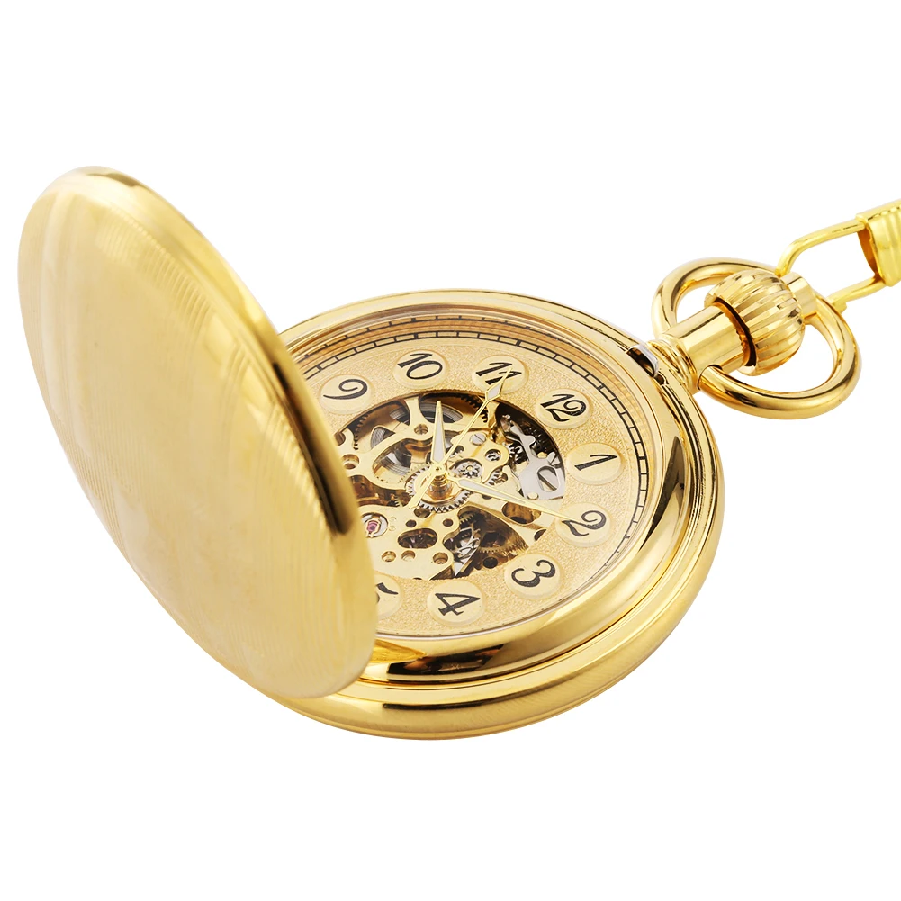 Vintage Rectangle Stripes Carved Mechanical Self Winding Pocket Watch with Arabic Numerals Dial Gold Fob Chain Pendant Timepiece