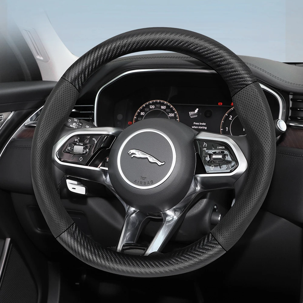 

Suitable for Jaguar Breathable Leather Matte Carbon Fiber Texture Steering Wheel Cover I-Pace F-Pace Xf X250 E Pace F Xj I Ev400 S Type X351 Svr Xfl Ftype Project 7 and Other Models Black Red Orange Mocha Color