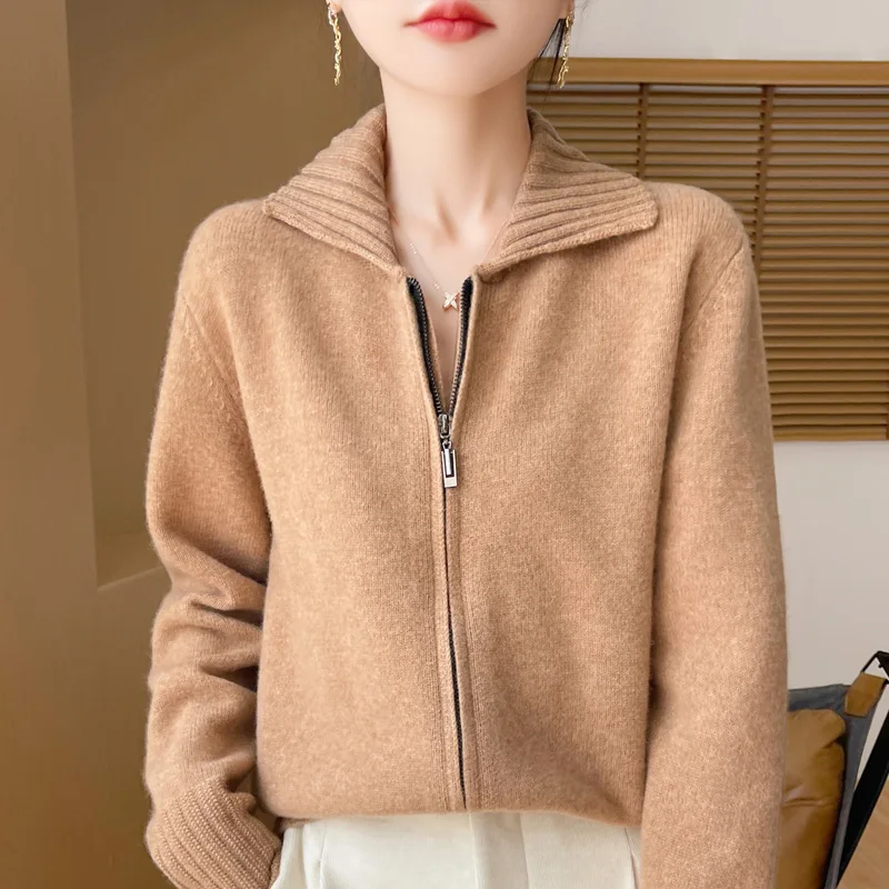 Autumn Winter New Women\'s Clothing 100% Merino Wool POLO Collar Knitted Zipper Cardigan Fashion Loose Long Sleeved Tops Warm