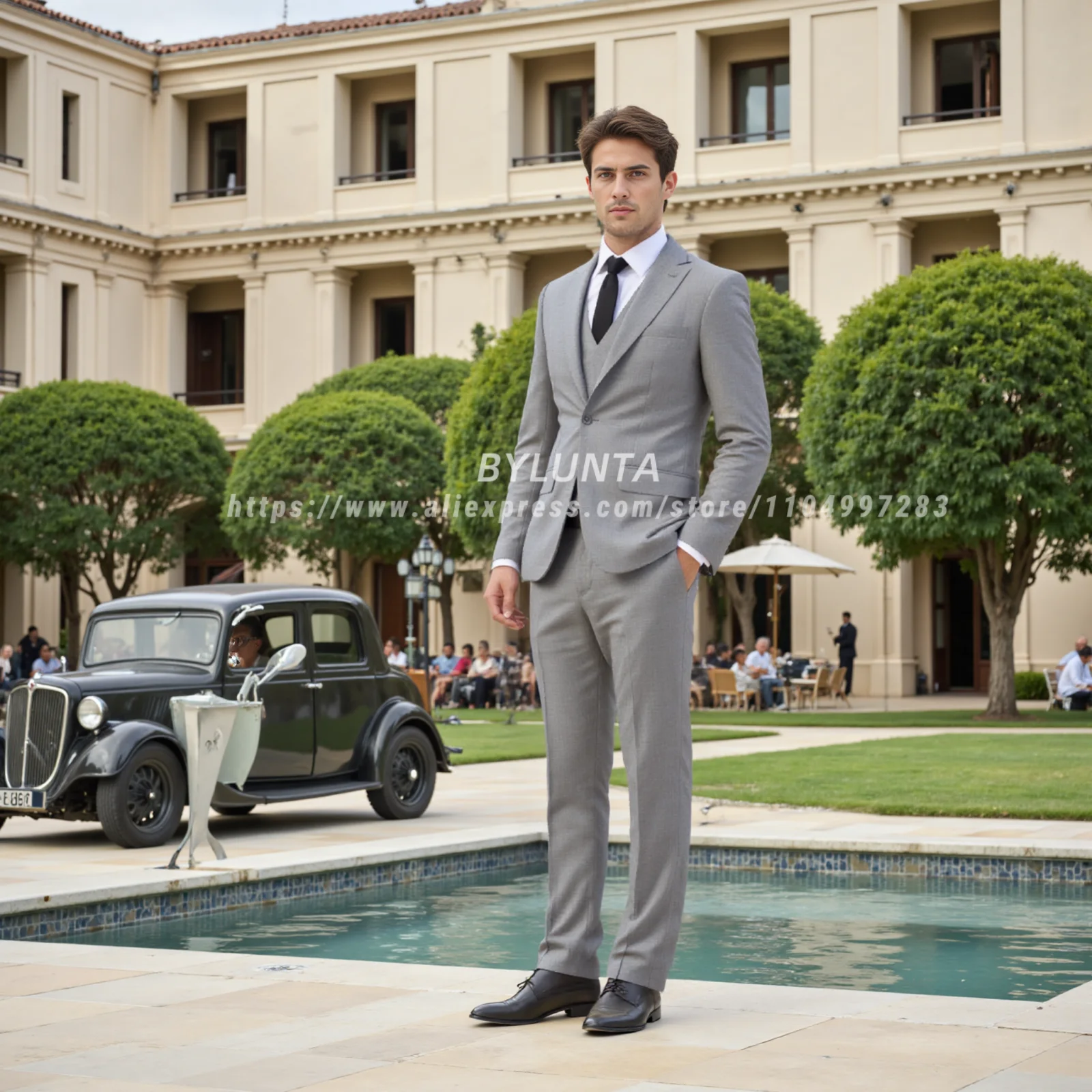

BYLUNTA Мужской костюм-тройка Классический деловой смокинг Slim Fit Однотонный костюм-пиджак, брюки, жилет
