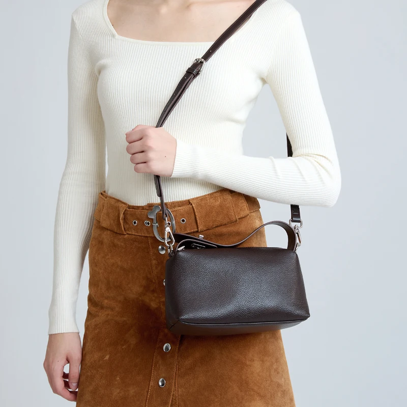 2016 Women's Genuine Cowhide Leather Shoulder Tote Bag Pebbled Leather Long Thin Strap Underarm Handbag Minimalist Daily Purse