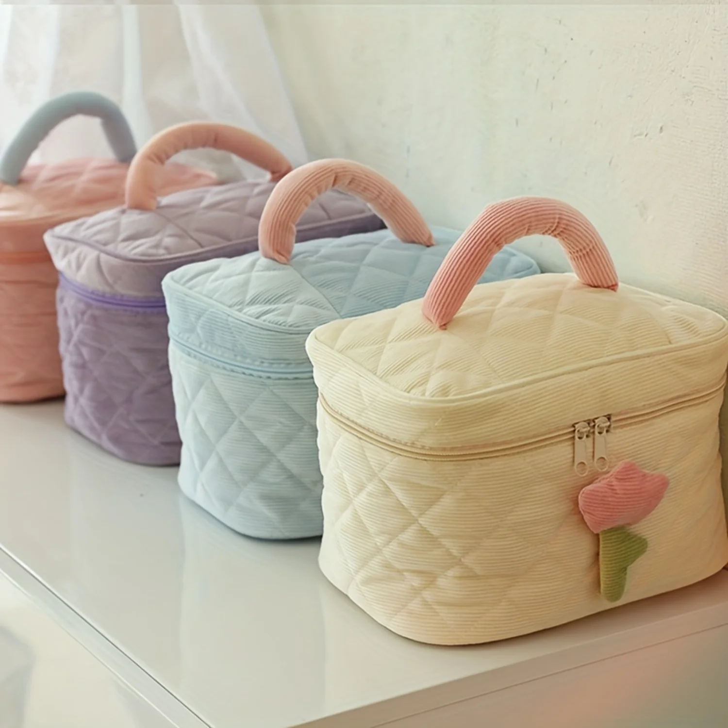 Plush Flower Decor Colorblock Makeup Bag, Quilted Zipper Cosmetic Handbag, Versatile Toiletry Wash Bag