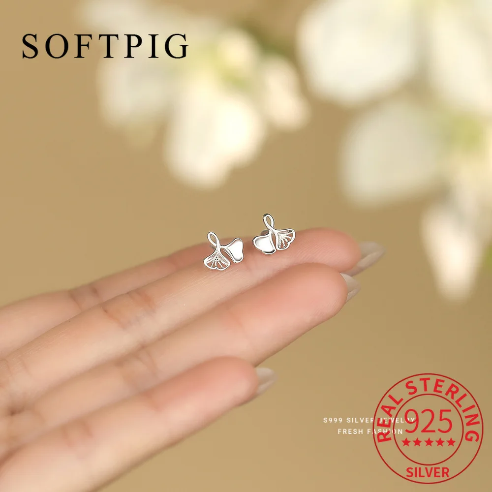 

SOFTPIG Real 925 Sterling Silver Ginkgo Leaf Plant Stud Earrings for Women Classic Fine Jewelry Light Luxury Accessories