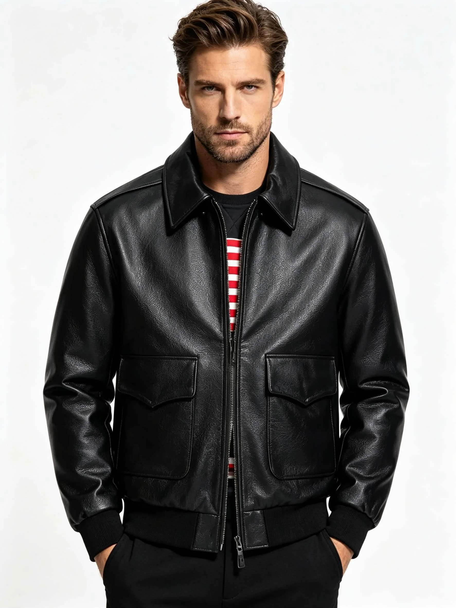 Men's Genuine Cowhide Leather A-2 Flight Jacket Black Pebbled Pilot Bomber Coat Quilted Lined Ribbed Hem Winter Outerwear
