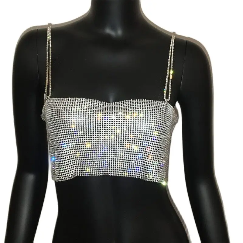 Halter en maille métallique scintillante pour femmes, haut court, cristal brillant, paillettes, sangle métallique, fête de festival, tenues sexy,