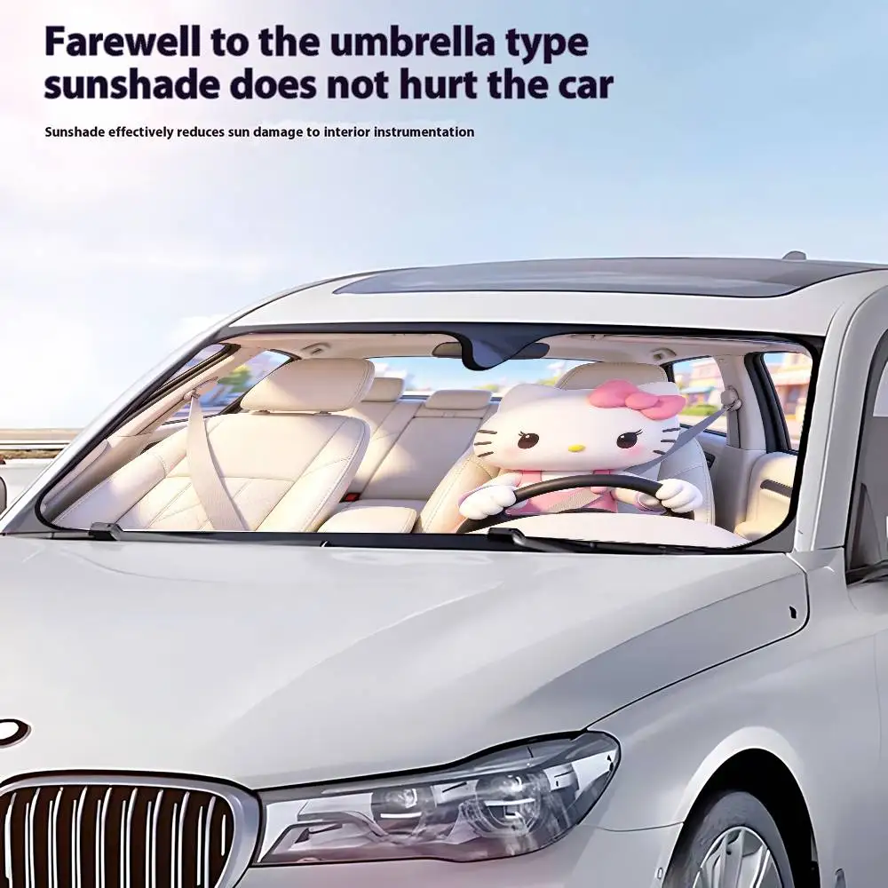 Kawaii K-Kitty Drive Car SunShade Windshield Funny Sun Shade Foldable UV Ray Sun Visor Protector Sunshade For Front Window image 4