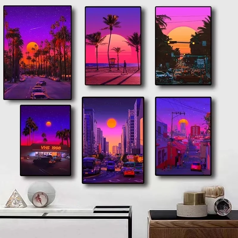 Synthwave Miami Ocaso Beach City Street Tours جدار ديكور فني ديكور منزلي صورة لغرفة المعيشة قماش طباعة ملصق
