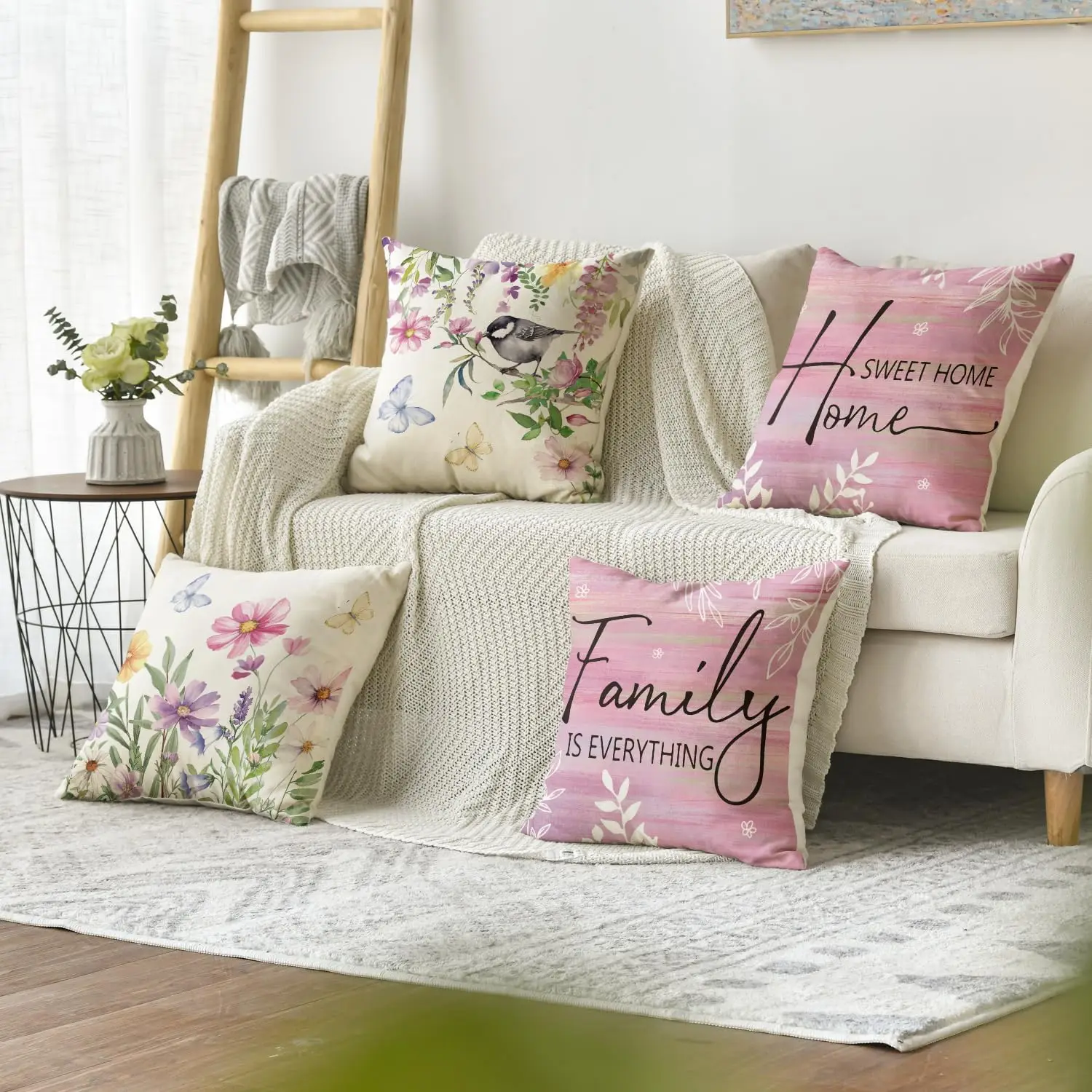 Spring Saying Flowers Butterfly Bird Throw Pillow Covers, Home Sweet Home Blue Cushion Case for Sofa Couch Set of 4