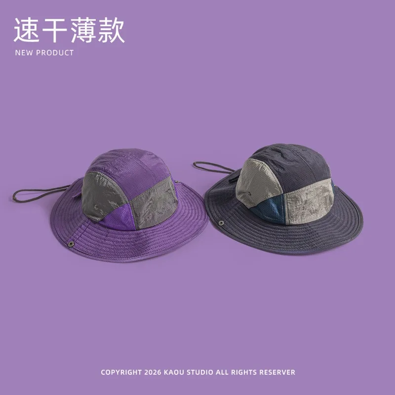 Japanese Color-blocked Sunshade Camping Hat for Men and Women Outdoor Quick-drying Bucket Hats Lace-up Large Brim Fishing Cap