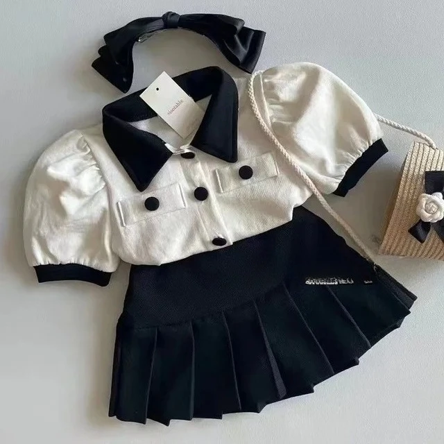 

Summer Little Girls Children Clothing Set Black White Two 2 Piece Set Tops+skirts Baby Clothes Kids Birthday Outfits For Girls