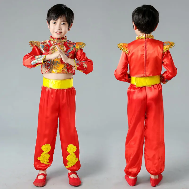Nowy Chiński Tradycyjny Smok Yangko Strój Ludowy Taneczny Dziewczęcy Chłopięcy Czerwony Hanfu Noworoczny Strój na Występ Sceniczny