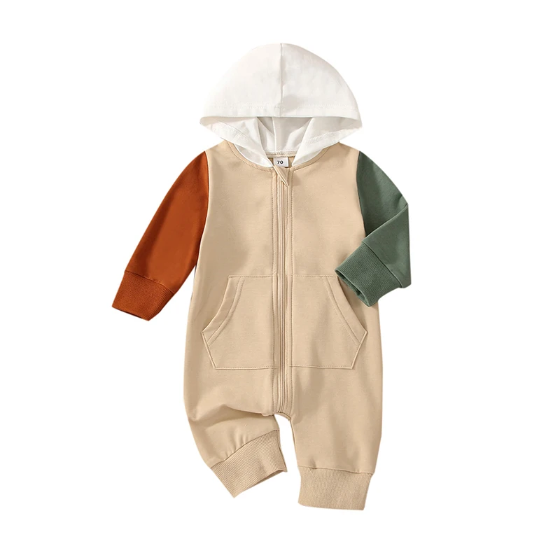 Baby Girl Boy Romper Long Sleeve Patch Color Hooded Neck Casual Fall Spring Long Jumpsuit