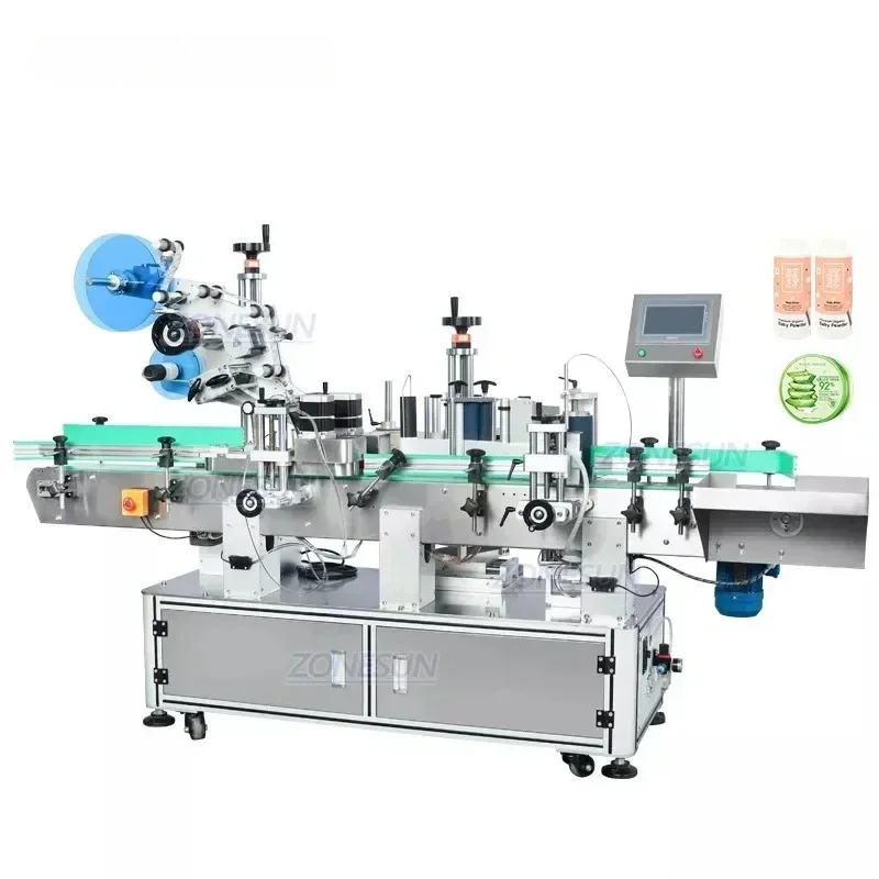 ZONESUN ZS-TB822D التلقائي مزدوج الجانب البلاستيك الزجاج غطاء زجاجة سطح مسطح وآلة وضع العلامات على الزجاجات المستديرة