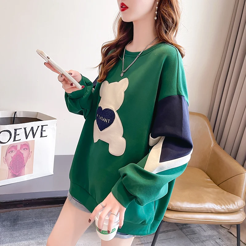 Women\'s Thin Oversized Sweatshirts Casual O-neck Loose Pullover Harajuku Girls Cute Bear Appliques Off-shoulder Tops