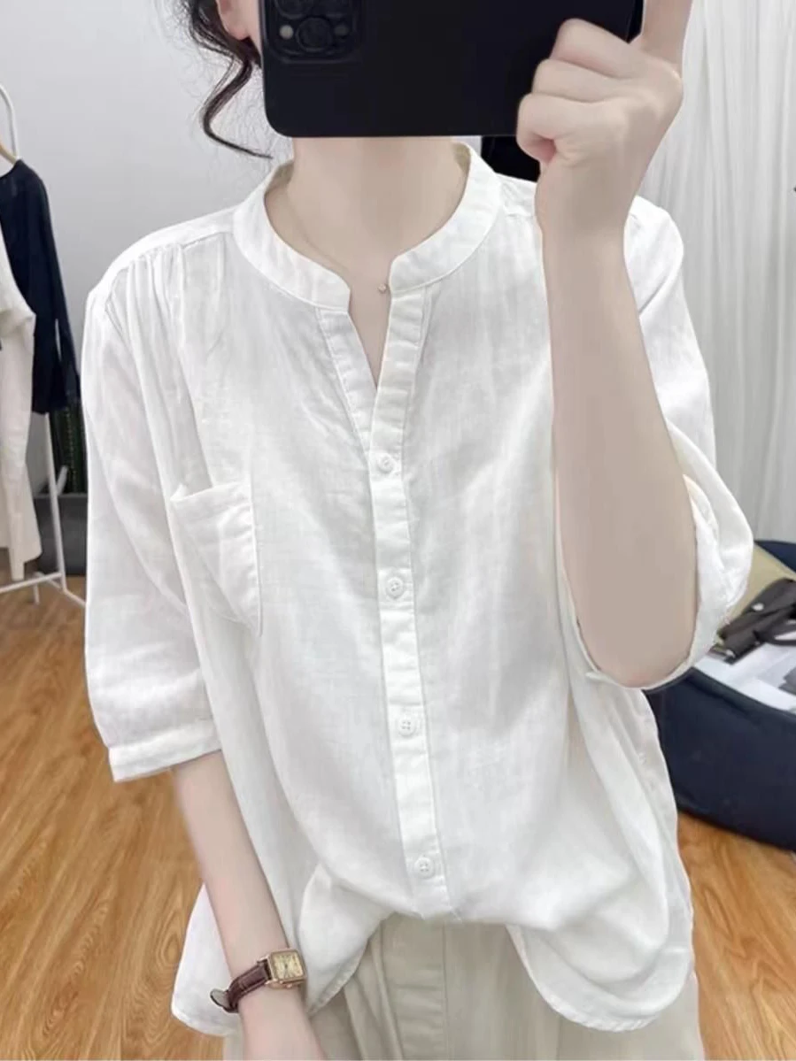 White Cotton Linen Short Sleeve V-Neck Women's Shirt Casual Age-Defying Clean Top Leisure Match Daily Button Pocket Design