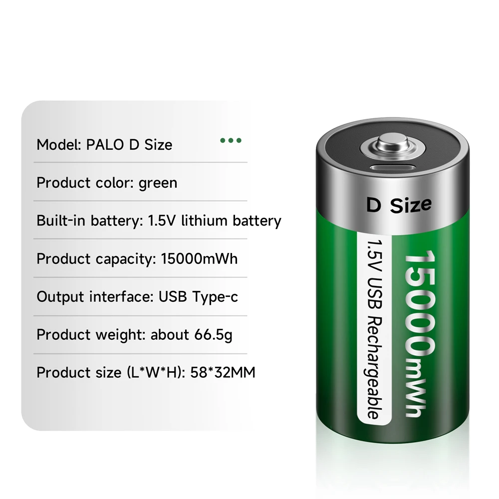 PALO USB Size D Battery 15000mWh 1.5V Type-C Akumulatory D Lipo LR20 do kuchenki gazowej Podgrzewacz wody Latarka