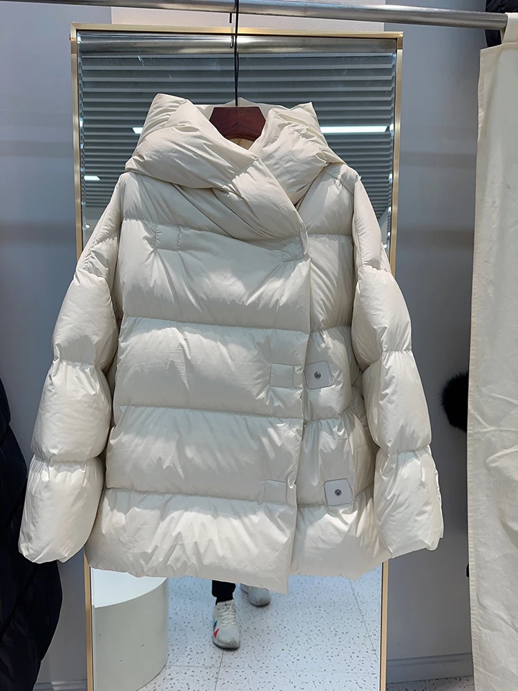 Luxury Women\'s Fluffy hooded down jacket oversized Winter Warm Solid Long sleeve puffer coat High quality Korea INKEO 3O280