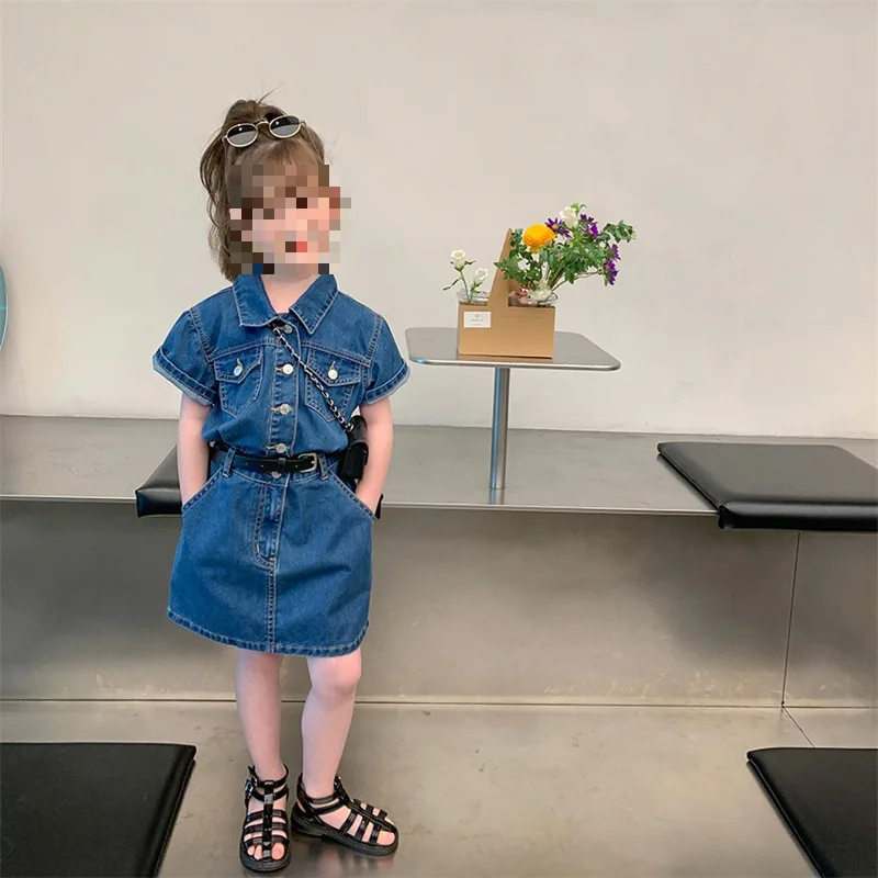 Girls' Skirt with Double Pockets and Turn-down Collar Denim Dress25Spring and Summer New Fashion Foreign Trade Children's Clothi