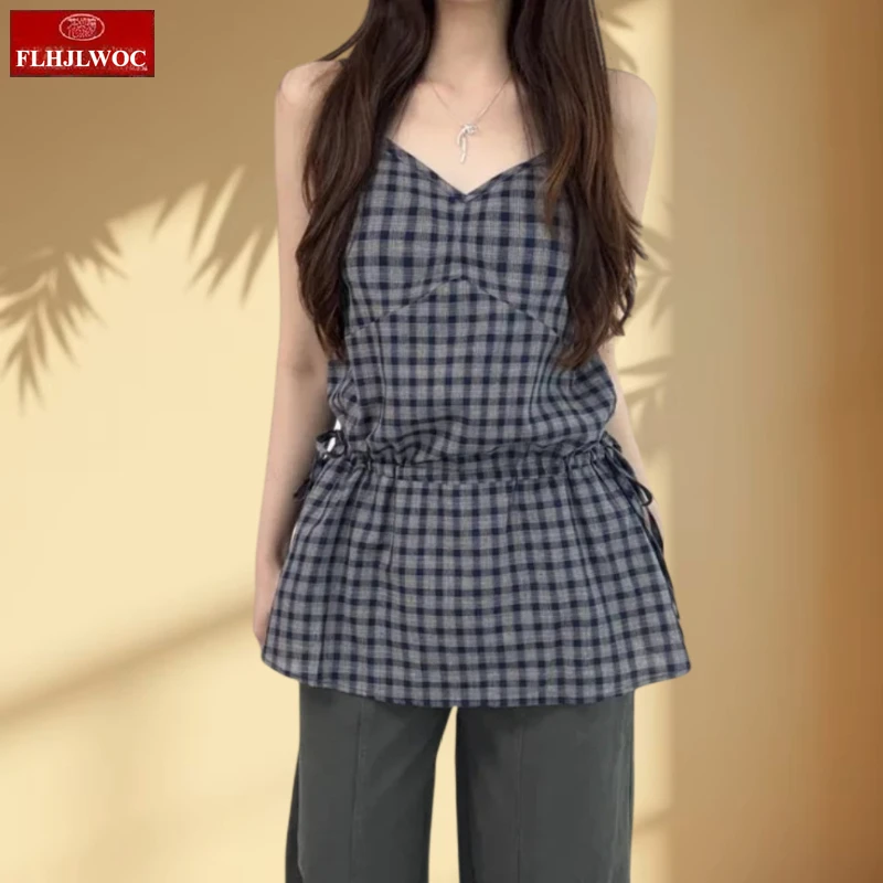 

Shirring Slim Waist Sleeveless Peplum Tops Cute Sweet Japan Girls Retro Vintage Ruffles Plaid Shirts Chic Y2K Design Blouses