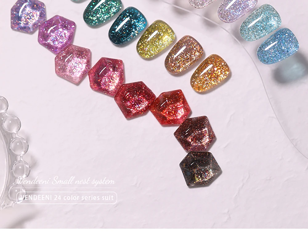Vendeeni 24 Farben Hochdichter Glitzer-Nagelgel-Lack, Glänzender UV-Gel-Lack für Nagelkunst, Funkelnder UV-Soak-Off-Gel-Lack – Detail 3