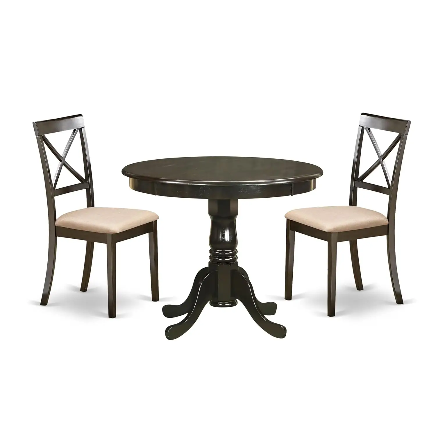 Round Dining Table Set with Pedestal & 2 Linen Fabric Chairs for Small Spaces, 36x36 Inch, Cappuccino, Customized