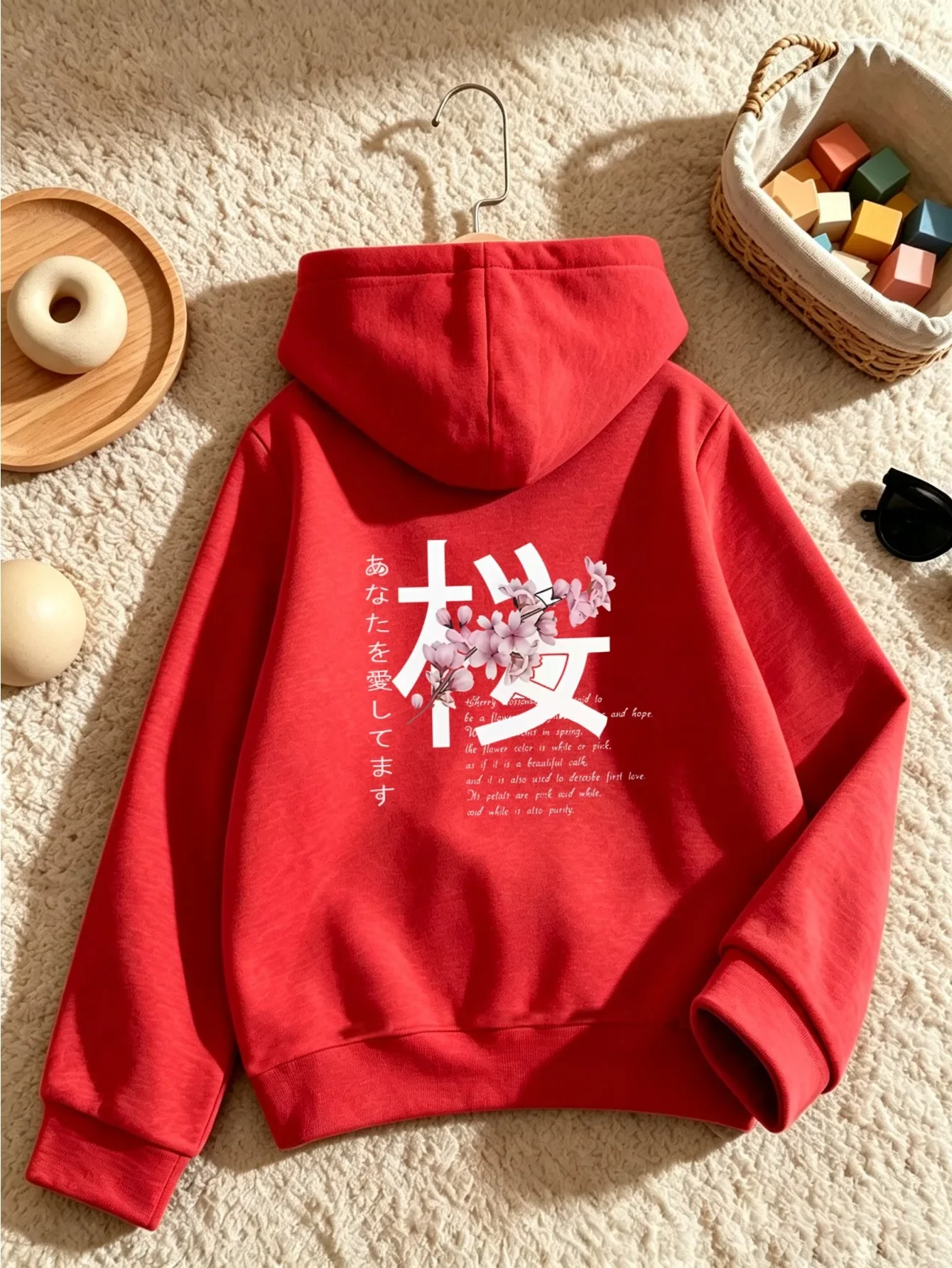Kids Japanese Sakura Kanji Back Print Hoodie Boys Girls Loose Pullover Sweatshirt Harajuku Cherry Blossom Text Kids Clothes