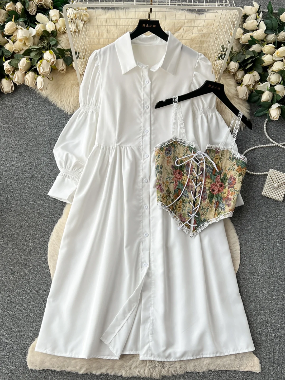 Early Autumn Light Court Style Bubble Sleeve Single Button Shirt Dress Strap Print  Vest Two Piece Set Women's Fashion