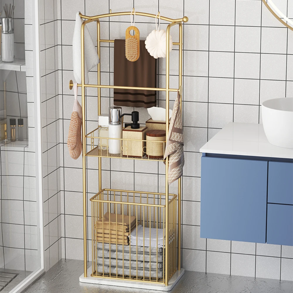 bathroom, bathtub side rack, floor-to-ceiling light luxury rock slab, bath towel, towel storage rack, dirty clothes basket.