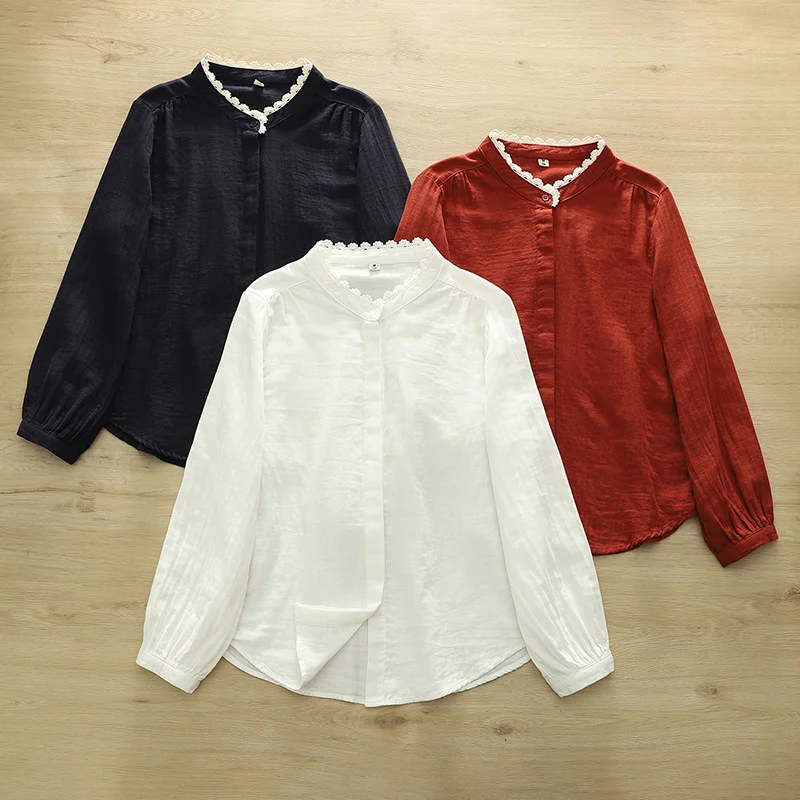 2026 primavera gola de renda camisa de manga comprida feminina simples único breasted confortável versátil topo estilo harajuku blusa sólida