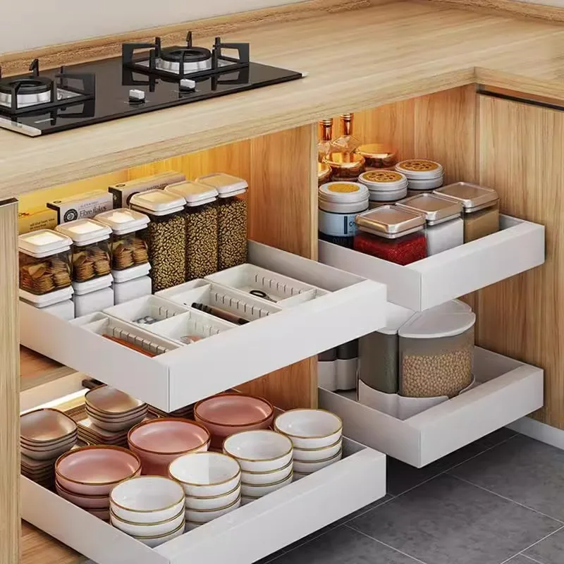 

1PC Kitchen Storage Rack with Slide Rails Pull-out Kitchen Drawer Type Storage Tray Spice Box Storage Rack Cabinets Organizer