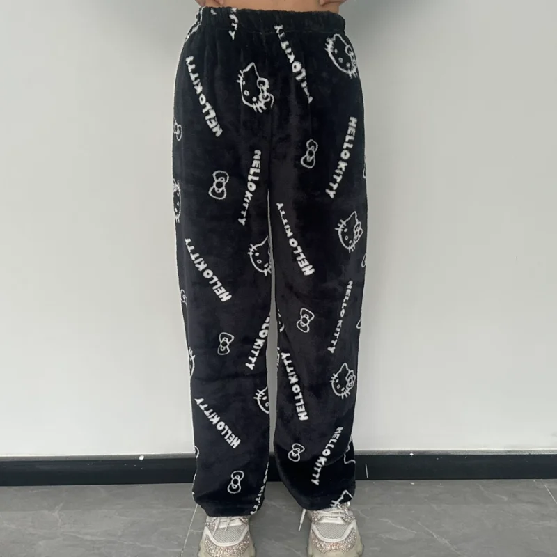 مرحبا كيتي Y2k Kawaii الفانيلا بنطلون بيجاما النساء الخريف الشتاء الدافئة الصوفية أفخم اصطف الكرتون شريك صالة المنزل بنطلون #5