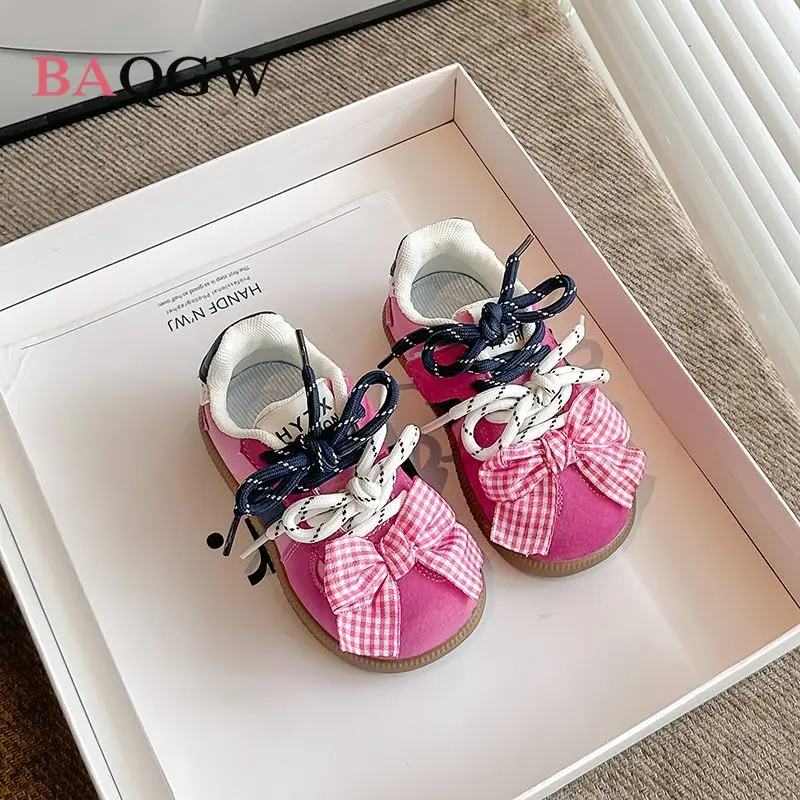 Cute Plaid Bow Patchwork Kids Sneakers Color Block Lace-Up Casual Sports Shoes for Toddler Girls Daily Wear Size 21-30