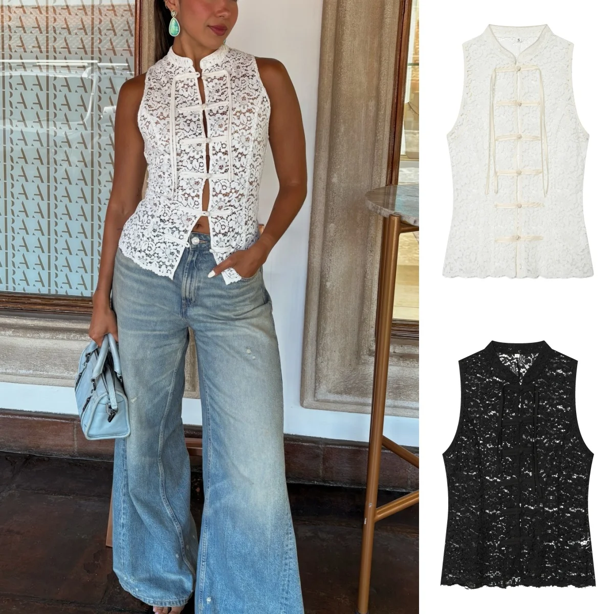 

BSAY Elegant Hollow Out LaceTop Women Summer Sleeveless Stand Collar Frog Button Blouse Slim Fit New Chinese Style Summer Vest