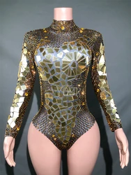 Shining Gold Rhinestones Mirrors Bodysuit Women's Birthday Celebrate Party Outfit DS Bar Singer Dancer Show Performance Costume