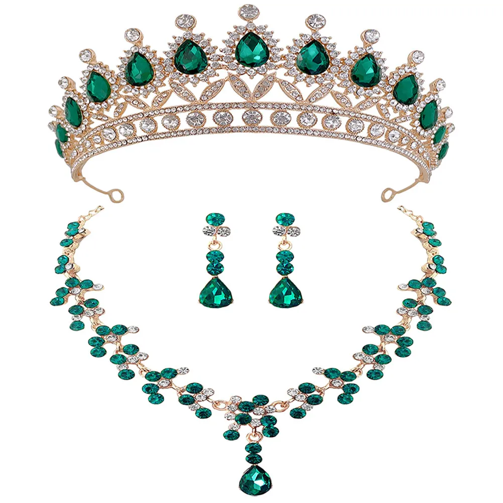 1 Juego de joyería de boda, collar con corona, pendientes colgantes con diamantes de imitación para mujer, accesorio de fiesta para novia y dama de honor, brillante y elegante