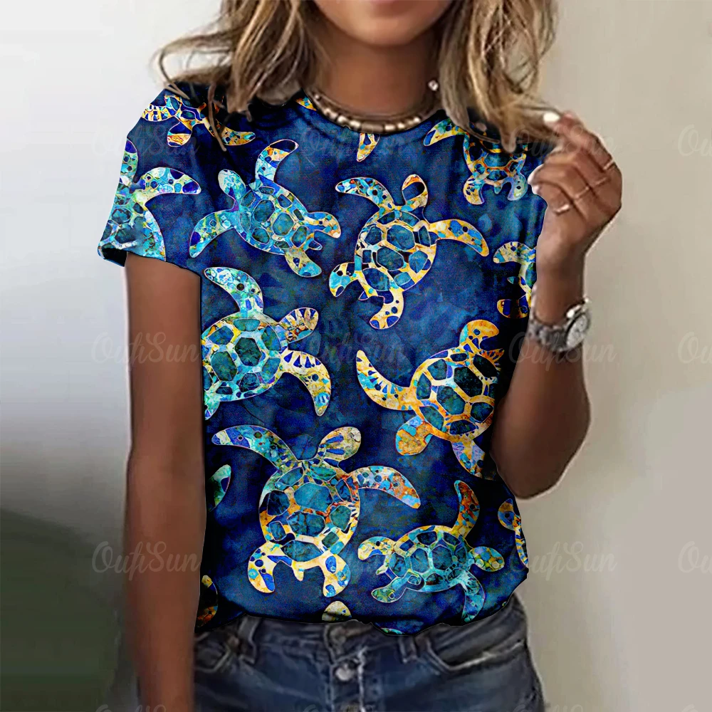 Marine Animals Print Sea Turtle Jellyfish Pattern Tees Street Casual Women\'s T-shirts Fashion Short Sleeves Women Clothing