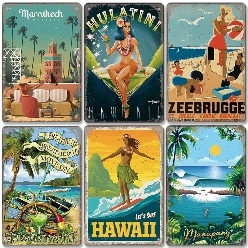 Morocco Hawaii Poster Vintage Metal Sign Ocean Beach Surfing Girl Metal Plate Wall Decor for Club Living Room Man Cave