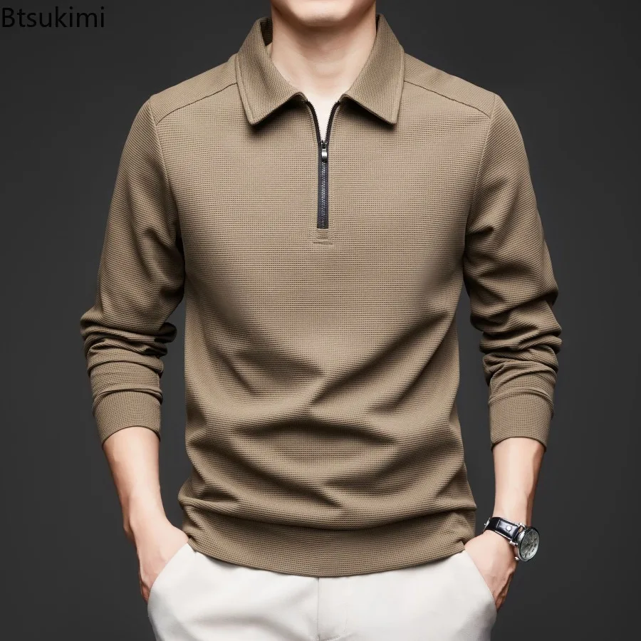 

2025 Men's Autumn Winter Long Sleeve T-shirt Lapel Middle-aged and Young Half Zipper Solid Color Polo Shirt Base Shirts for Men