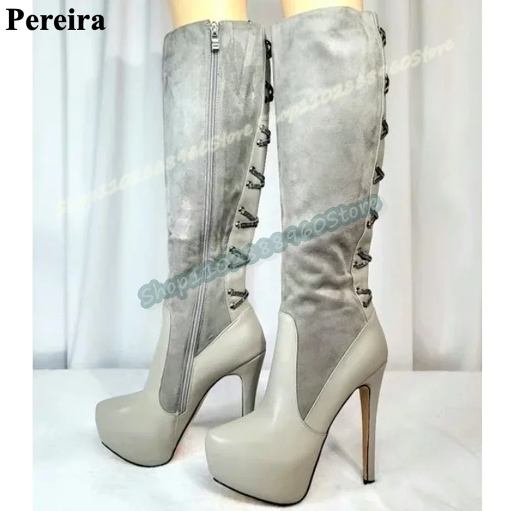 

Knee High Gray Splicing Cross Tied Platform Boots Thin High Heel Shoes For Women Side Zipper Pointed Toe 2026 Zapatos Para Mujer