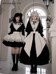 Gothic Nun Cosplay Lolita Dress Sets Japanese Subculture Splicing Color OP Long Sleeve Dress Irregular Apron Full Outfits Women