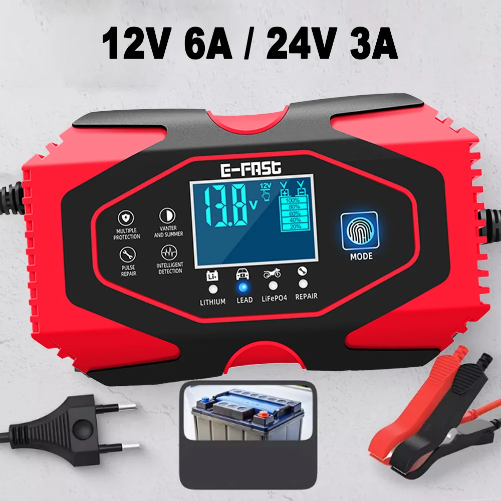

7-Stage Motorcycle Car Battery Charger Pulse Repair Charger for Gel AGM Lithium LiFePo4 Wet Lead Acid Battery 12V 6A 24V 3A