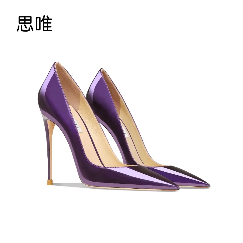 

Фиолетовые женские туфли на высоком каблуке, тонкий каблук, неглубокий рот, острый носок, новые сексуальные профессиональные туфли на высоком каблуке из блестящей кожи 2023 года.