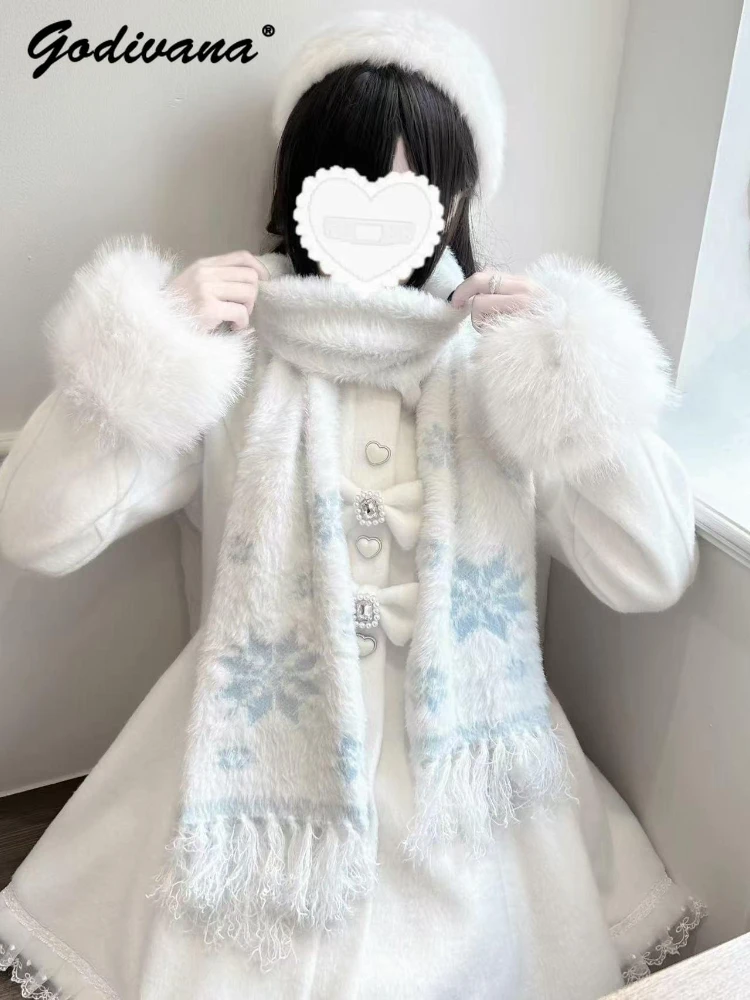 

Japanese Snowflake Scarf Half-finger Gloves Winter Christmas New Year Girls Sweet Imitation Mink Velvet Thickened Knitted Scarf