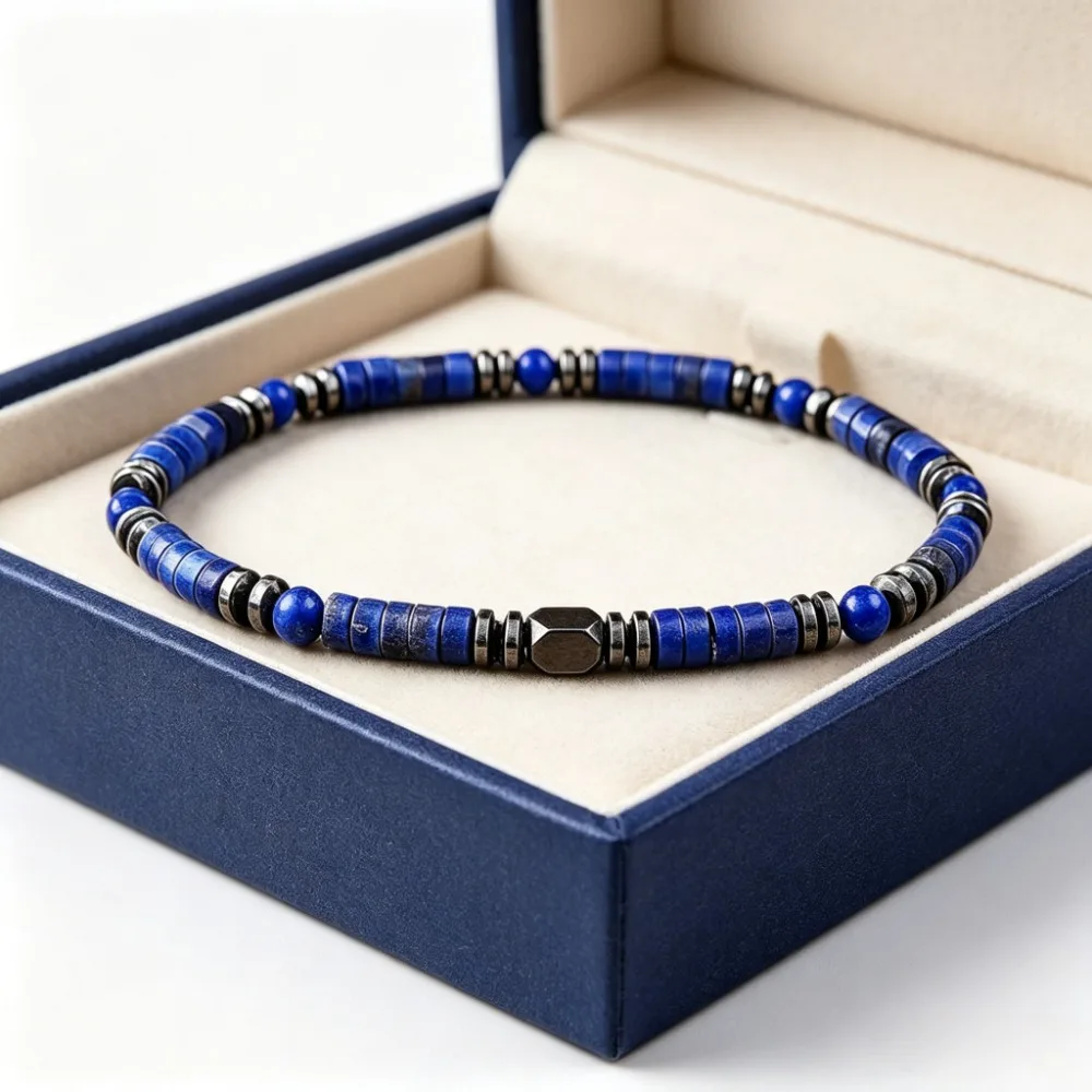 Lapis lazuli elastic memory bracelet with metal spacers, stackable beaded wrist accessory, unisex vintage fashion accessory gift